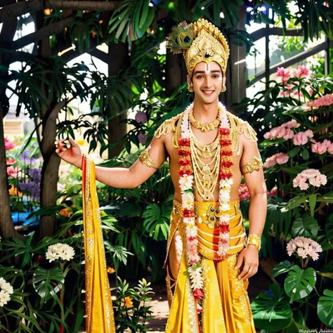 1boy, srj as krishna, golden crown with peacock feather, flower garland, handsome face, standing tall and handsome, charismatic ...