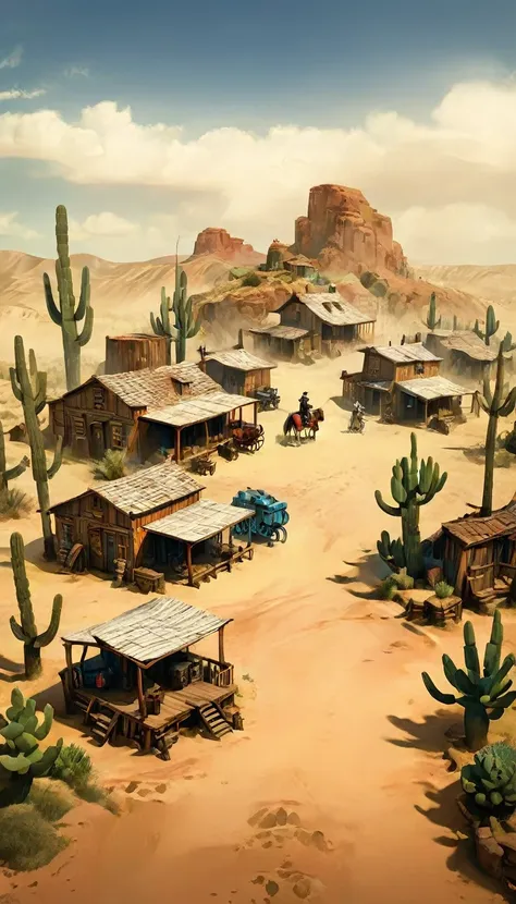 a detailed illustration of a town in the wild west, 1 cowboy, desert landscape, adobe buildings, dirt roads, wooden saloon, hors...