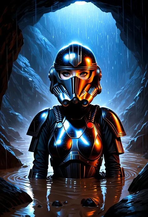 Digital art of a pretty female star wars imperial tie pilot in the mud and rain hiding in a cave at night, from the back.