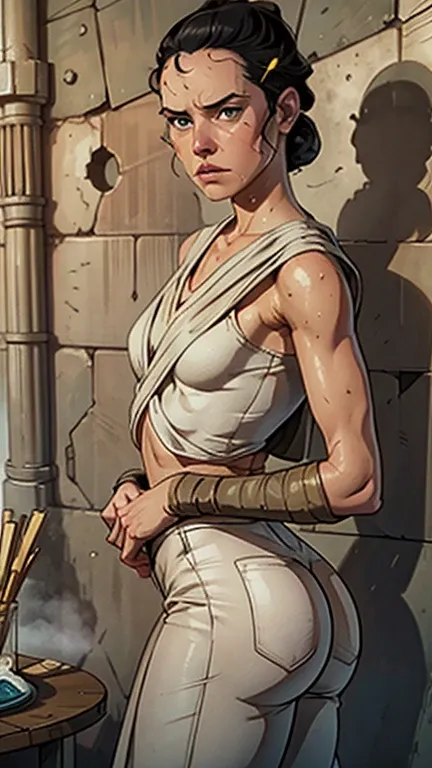 daisy ridley face, masterpiece 1.3, ultrarealistic face, slim athletic physique, small flat breasts, round ass, cameltoe, sweaty...