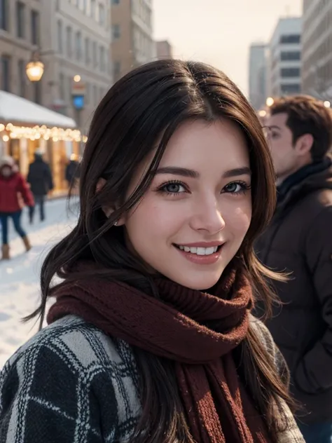 Ultra-detailed, In the winter scenery of the city center、Realistic cowgirl with dark hair smiling and looking at the audience. One imagem tem a melhor qualidade, 4K resolution, High resolution, It&#39;s a masterpiece (Strength 1.2). This landscape is、Captu...