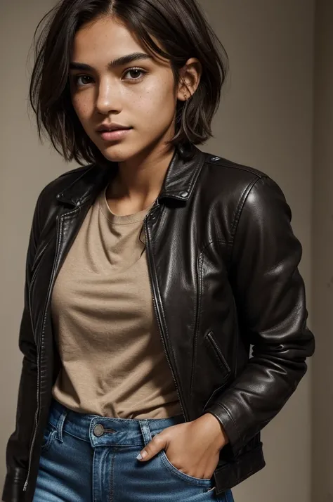 A girl with short brown tomboy style hair ,with freckles ,Brown eyes,round face with defined jaw ,almond eyes ,proportional nose,ectomorphic physical structure ,light skinned ,who is wearing a leather jacket, a black shirt and semi-black gray jeans