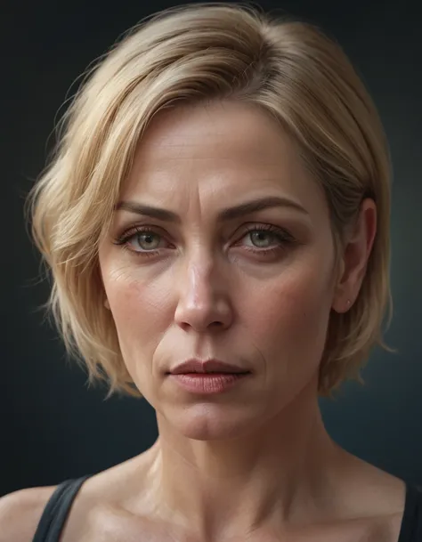 a middle-aged woman, short blonde hair, tall and muscular, realistic portrait, detailed facial features, beautiful eyes and lips...