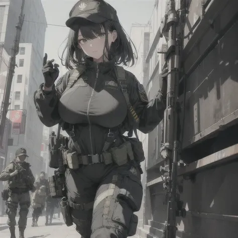 Absurd resolution, high resolution, (masterpiece: 1.4), hyper-detail, 1 woman, black hair, extremely large bust, huge breasts, fullbody covering pilot suit, techwear jacket, tactical military fitted cargo pants, tech harness, tactical gear and equipment