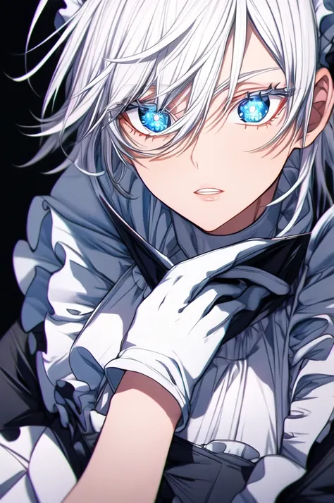  1boy, Gojo Satoru, blue glow eyes, detailed pupils, colored eyelashes, hair between eyes, white hair, white eyelashes,  parted lips, cute maid dress, black apron, gloves, glow, Absurdres, Intricate Details, Masterpiece, Best Quality, High Resolution, 8k 