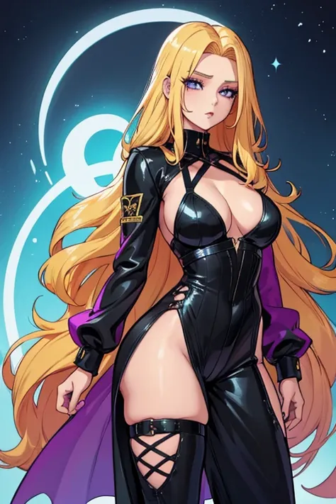 A Beautiful pretty Woman with long yellow hair. She wore a Black v neck jumpsuit and she has thigh straps on her thighs as an accessory. She has lilac bright eyes. Manhwa style.