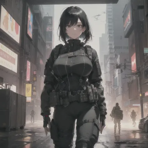 Absurd resolution, high resolution, (masterpiece: 1.4), hyper-detail, 1 woman, black hair, extremely large bust, huge breasts, fullbody covering pilot suit, techwear jacket, tactical military fitted cargo pants, tech harness, tactical gear and equipment, n...