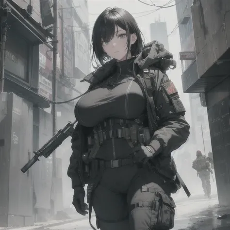 Absurd resolution, high resolution, (masterpiece: 1.4), hyper-detail, 1 woman, black hair, extremely large bust, huge breasts, fullbody covering pilot suit, techwear jacket, tactical military fitted cargo pants, tech harness, tactical gear and equipment, n...