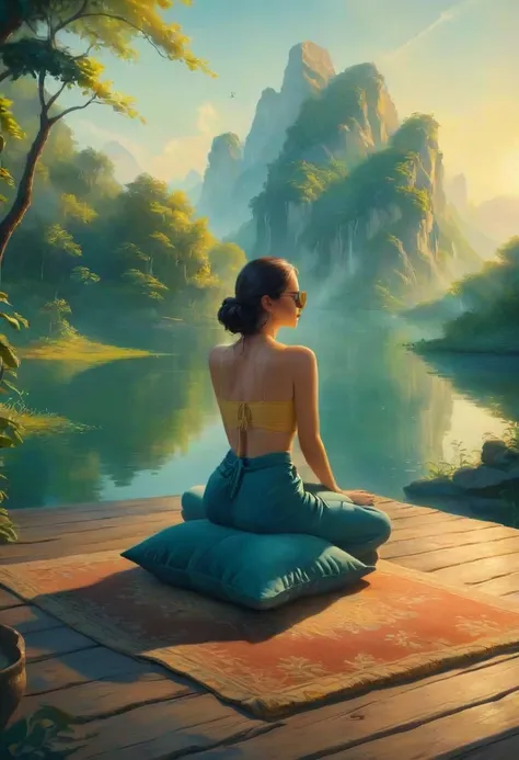 a woman filmed with her back facing the sunrise in a meditative position with nature and a calm lake around her, the woman is si...