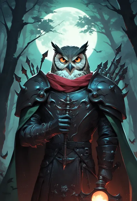 score_9, score_8, score_7,  owl, wearing black leather armor a dark green cloak,  red scarf, holding a rapier. Dark forest at night in front of a huge moon