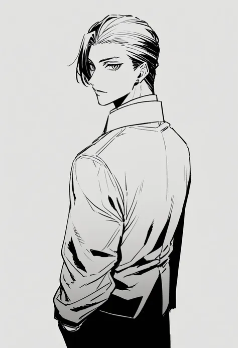 yuto-sano, 1boy, kaneki, black hair, black suit, white uniform, elegant, monochrome, solo, greyscale, male focus, looking at vie...