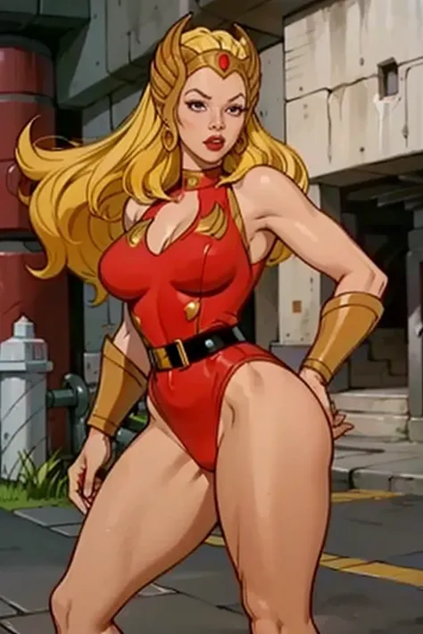 fully body, photo of a 1girl, 1girl, She-ra, hair blonde, loves, grading: safe, red leotard, leotard, waist belt, long hair, breastsout, middlebreasts, bracer, bracelet, make-up, lipstick, (fully body) dinamic pose, smug smirk, tall and toned body, (muscle...