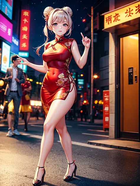 Highest quality,Highest Resolution,Beautiful girl in cheongsam,Walk through the downtown area at night,Bun Hair,