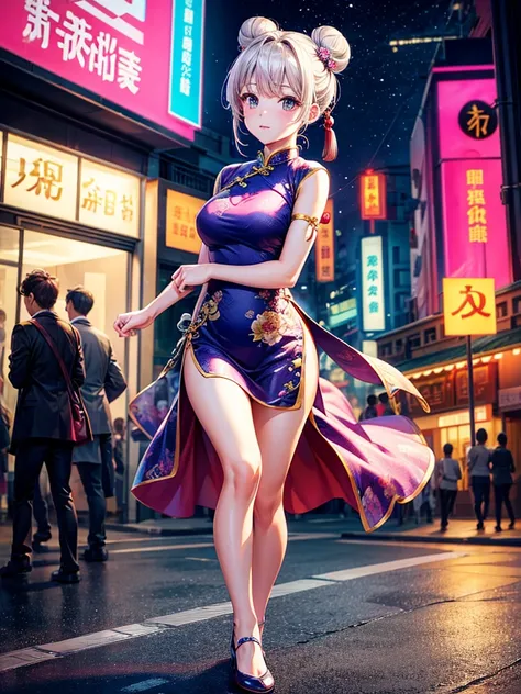 Highest quality,Highest Resolution,Beautiful girl in cheongsam,Walk through the downtown area at night,Bun Hair,