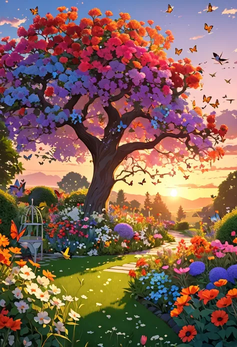 A garden with all types and colors of flowers. ,,Swiss style , quality art, 8k ,Alone, At dusk ,butterflies and birds octane , tree, sunset,detailed