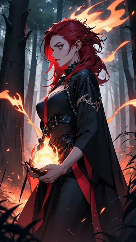 Ultra detailed, clothes details, spiders, fashion, goth, lattin drag queen, hole body, fire witch, long red hair, dark clothing, forest, night, dragon, magic, fight, pose