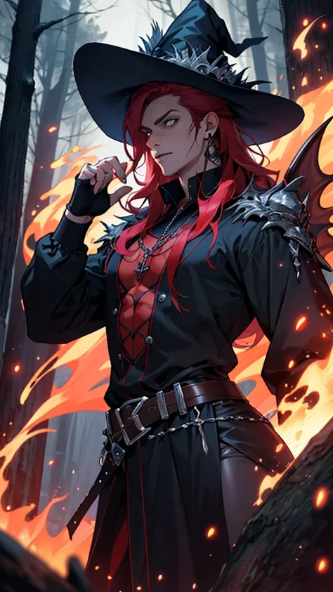 Ultra detailed, clothes details, spiders, fashion, goth, lattin drag queen, hole body, fire witch, long red hair, dark clothing, forest, night, dragon, magic, fight, pose