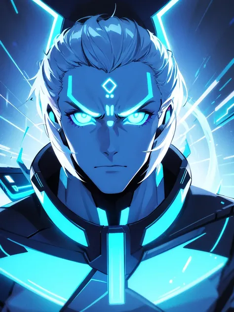 Man with futuristic style marked face with blue neon lights on a dark background and with a lethal drearm with a determined expression 