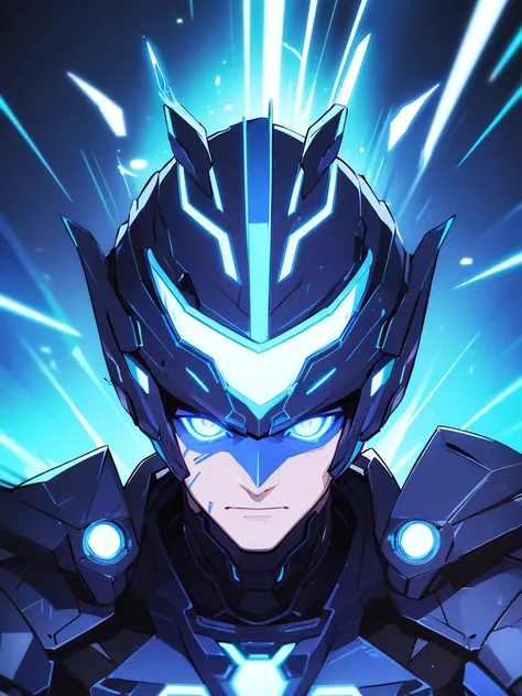 Man with futuristic style marked face with blue neon lights on a dark background and with a lethal drearm with a determined expression 