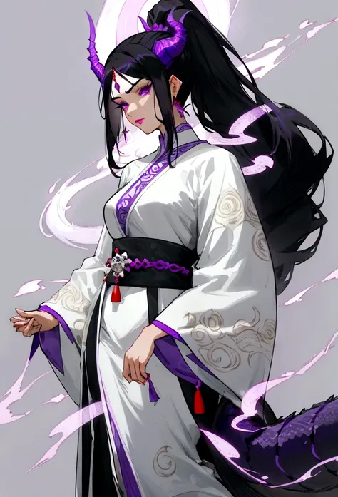 Mature tall woman, black hair with gray streaks, high ponytail, purple eyes, divine light, white goddess clothes, indifferent gaze, lipstick, dragon horns and tail, spears, reference, full height, phoenix