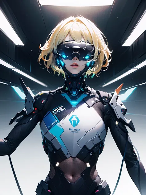 a teenage boy with short blonde hair styled in a messy manner, beautiful detailed eyes, beautiful detailed lips, extremely detailed eyes and face, long eyelashes, cyborg, futuristic armor including a crop top design, mind control device with a blue glass-l...