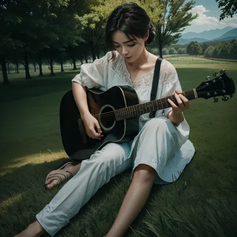 a man sitting on the grass playing a guitar and a woman embracing him, extremely detailed eyes and face, romantic atmosphere, beautiful scenery, natural lighting, vibrant colors, (best quality,4k,8k,highres,masterpiece:1.2),ultra-detailed,(realistic,photor...