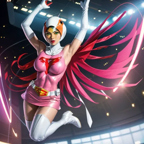 ANI_CLASSIC_jun_gatchaman_ownwaifu,1girl, 15 years old,good anatomy, masterpiece, best quality,realistic, hyperrealistic, 16k hdr,breasts,green eyes,lips,large breasts,lipstick,makeup,gloves,cape,helmet,belt,elbow gloves,white gloves,mask,ultra miniskirt,l...