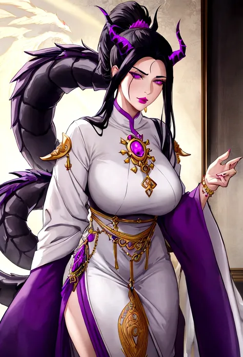 Mature tall woman, black hair with gray streaks, high ponytail, purple eyes, divine light, white goddess clothes, indifferent gaze, lipstick, dragon horns and tail, spears, reference, full height, phoenix