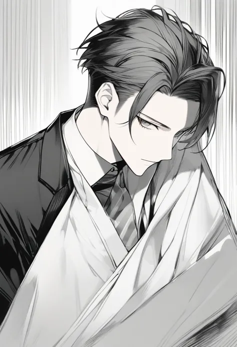 yuto-sano, 1boy, Kaneki, black hair, black suit, white uniform, elegant, monochrome, solo, greyscale, male focus, looking at viewer, ((short hair)), ((slick back)), slick back, hairstyle