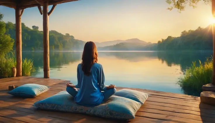 a woman filmed with her back facing the sunrise in a meditative position with nature and a calm lake around her, the woman is si...