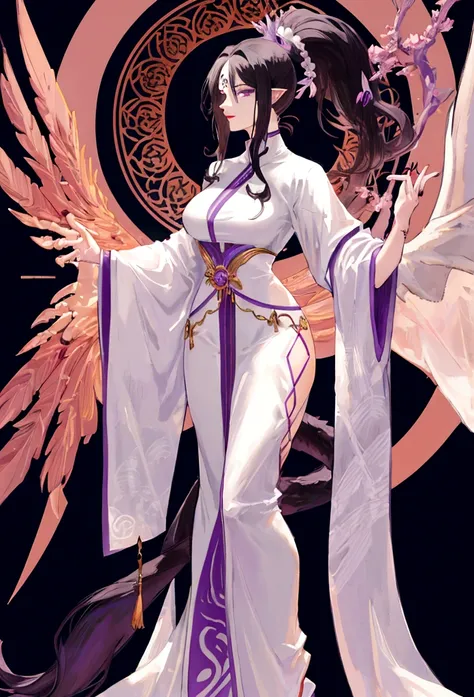 Mature tall woman, black hair with gray streaks, high ponytail, purple eyes, divine light, white goddess clothes, indifferent gaze, lipstick, dragon horns and tail, spears, reference, full height, phoenix