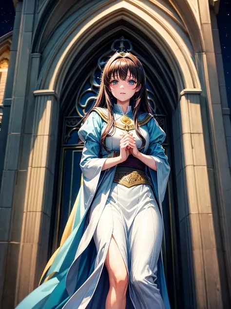 Highest quality,Highest Resolution,Beautiful Girl of the Wizard,In front of the church at night,