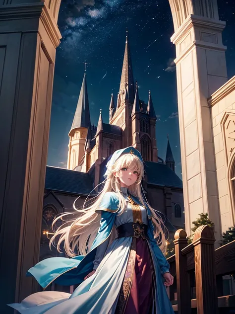 Highest quality,Highest Resolution,Beautiful Girl of the Wizard,In front of the church at night,