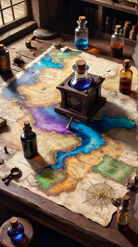 a magical map leading to a mysterious land, torn and worn, sitting on a wizards desk, spilled multicolored ink, bottles,flasks, high quality, imagination, 8k, fantasy art