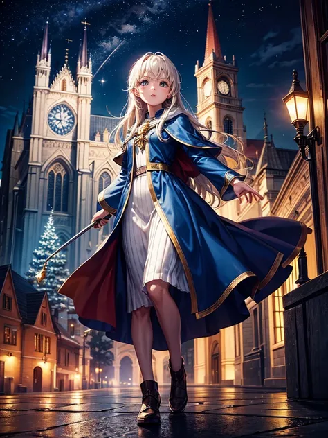 Highest quality,Highest Resolution,Beautiful Girl of the Wizard,In front of the church at night,