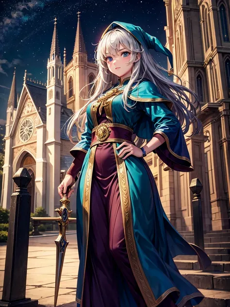 Highest quality,Highest Resolution,Beautiful Girl of the Wizard,In front of the church at night,