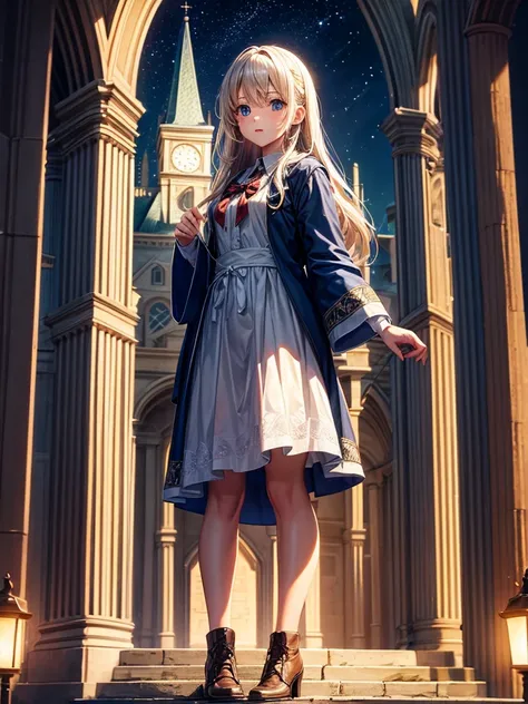 Highest quality,Highest Resolution,Beautiful Girl of the Wizard,In front of the church at night,