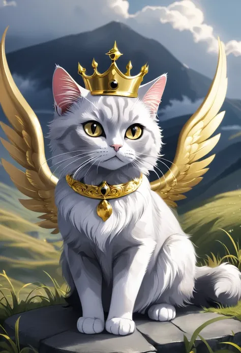 Cats with wings gray eyes with a gold crown and black fur cloudy landscape 
