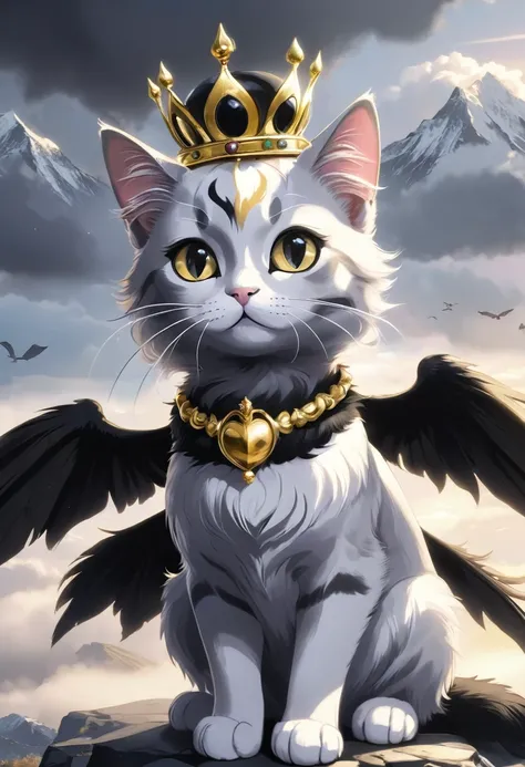 Cats with wings gray eyes with a gold crown and black fur cloudy landscape 
