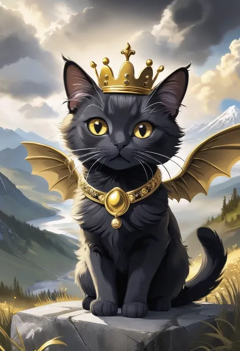 Cats with wings gray eyes with a gold crown and black fur cloudy landscape 
