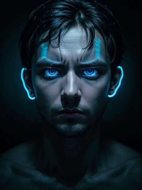 Man face with blue neon lights on a dark background and with a lethal drearm with a determined expression 