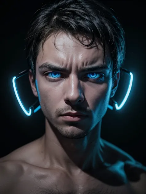 Man face with blue neon lights on a dark background and with a lethal drearm with a determined expression 