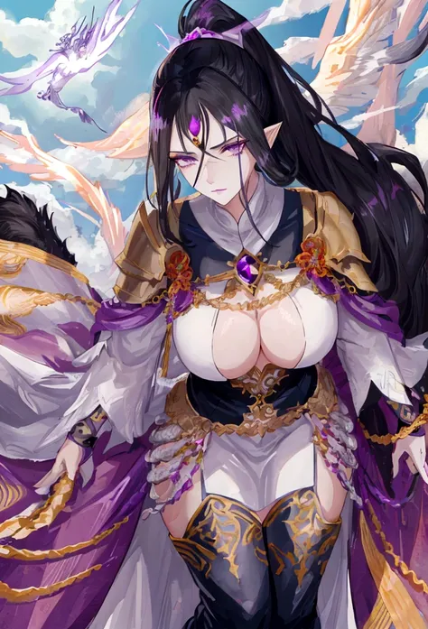 Mature tall woman, black hair with gray streaks, high ponytail, purple eyes, divine light, white goddess clothes, indifferent gaze, lipstick, dragon horns and tail, spears, reference, full height, phoenix, goddess of war, armor elements