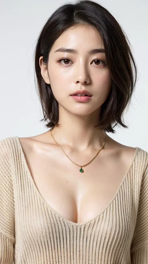 (Best quality, 8k, 32k, Masterpiece, UHD:1.2),Photo of Pretty Japanese woman, large breasts, very short bob hair,upper body,face focus,oversized_sweater, necklace, simple background, from above, looking at viewer、ブラジャー