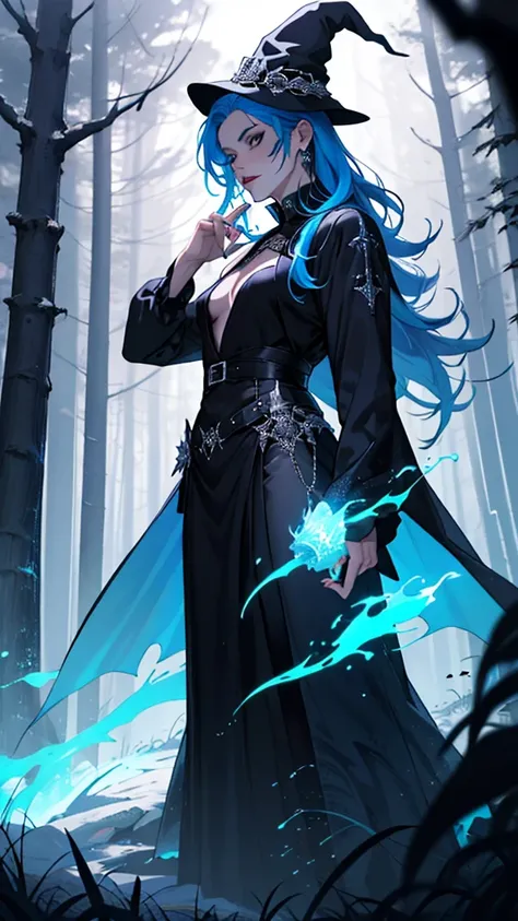 Ultra detailed, clothes details, spiders, fashion, goth, lattin drag queen, hole body, blue fire witch, long blue hair, dark clothing, forest, night, magic, fight, pose