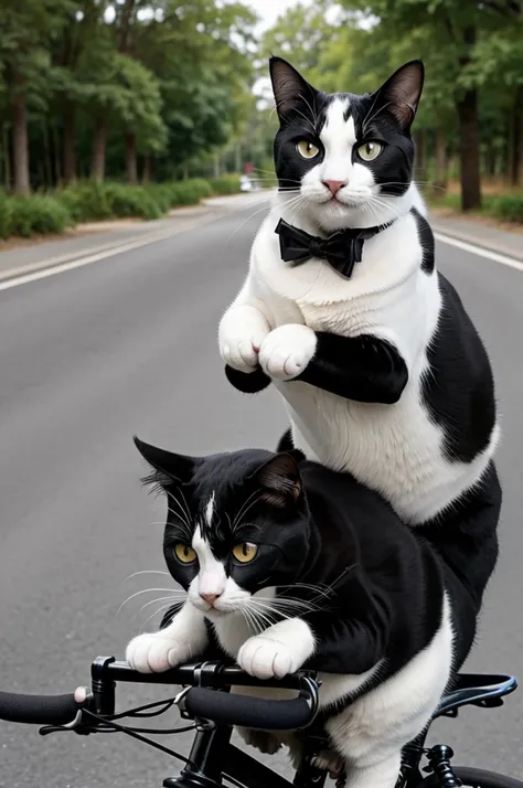 Image of a black and white cat (tuxedo) 
chubby riding a bicycle 