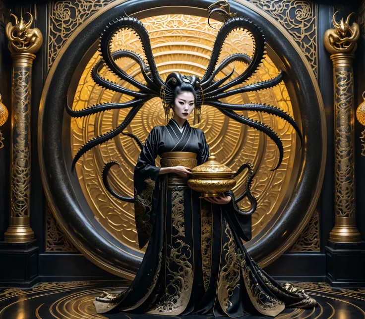  A fiercy geisha holding the crop head of a giger xenomorph as a trophy, coming out from a fantasy worlds dimensional vortex portal at the end of a luxurious oriental room decorated with golden arabesques. 