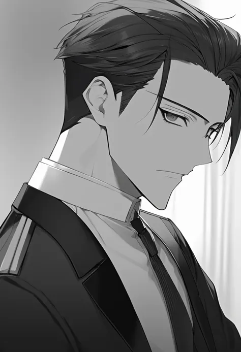 yuto-sano, 1boy, kaneki, black hair, black suit, white uniform, elegant, monochrome, solo, greyscale, male focus, looking at vie...