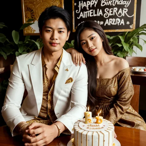 couple photo of an Asian man with wearing a white suit with an Asian girl yellow dress batik with long hair, with an cake happy birthday  "26" and logo " Amelia Sekar Arum", amazing photo shoot, very beautiful photo, birthday photo, romantic couple,full bo...