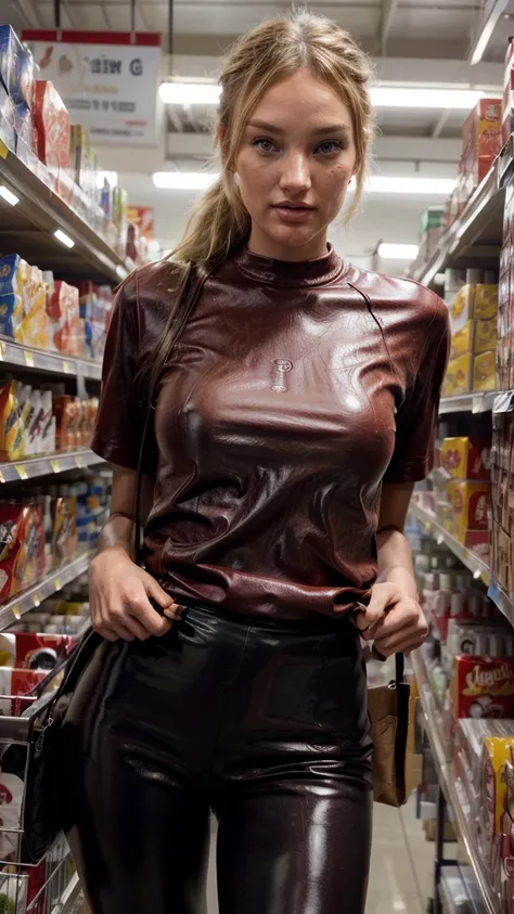 Photo of an attractive woman. (Candice Swanepoel), working in a supermarket, wearing a (red cotton shirt) and (leather leggings), (8k, photo and gross, 35mm, DOF, Best Quality, ultra high resolution, photorealistic, Masterpiece, ultra detailed)
